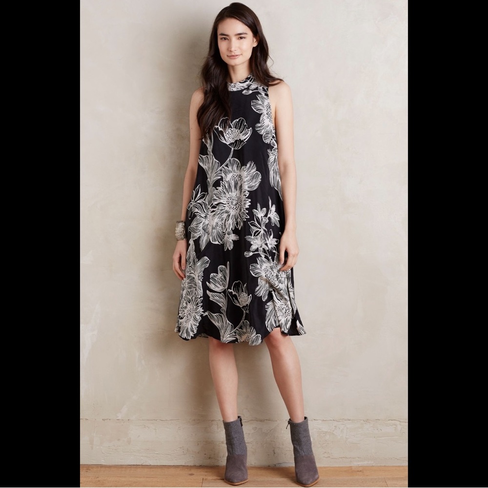 Anthropologie Maeve Larkhill Swing Dress Women’s Black Cream Silk Sleeveless XSP
